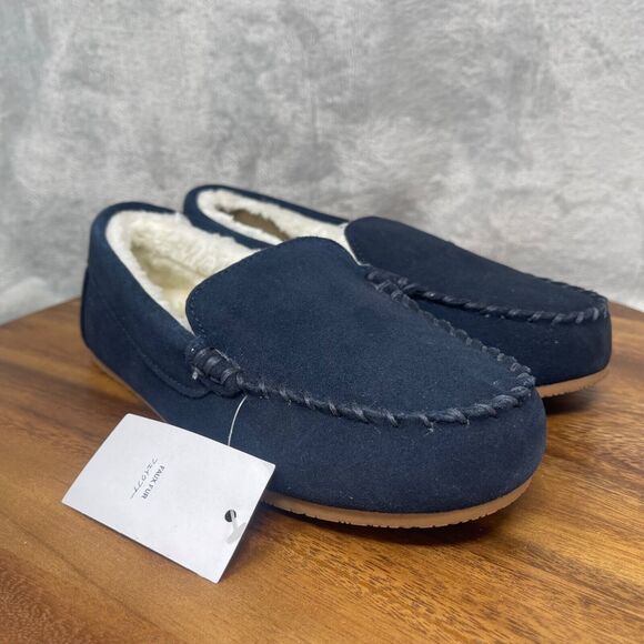 Lands' End Slippers Boys 3 Navy Suede Leather Faux Fur Lined Moccasin Youth Kids - Picture 3 of 13
